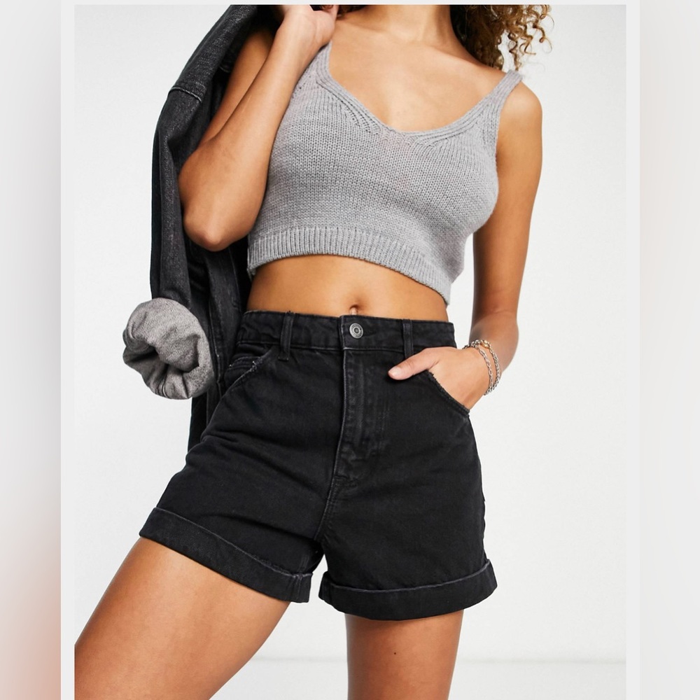 Bershka Black High-Waist Rolled Hem Denim Shorts